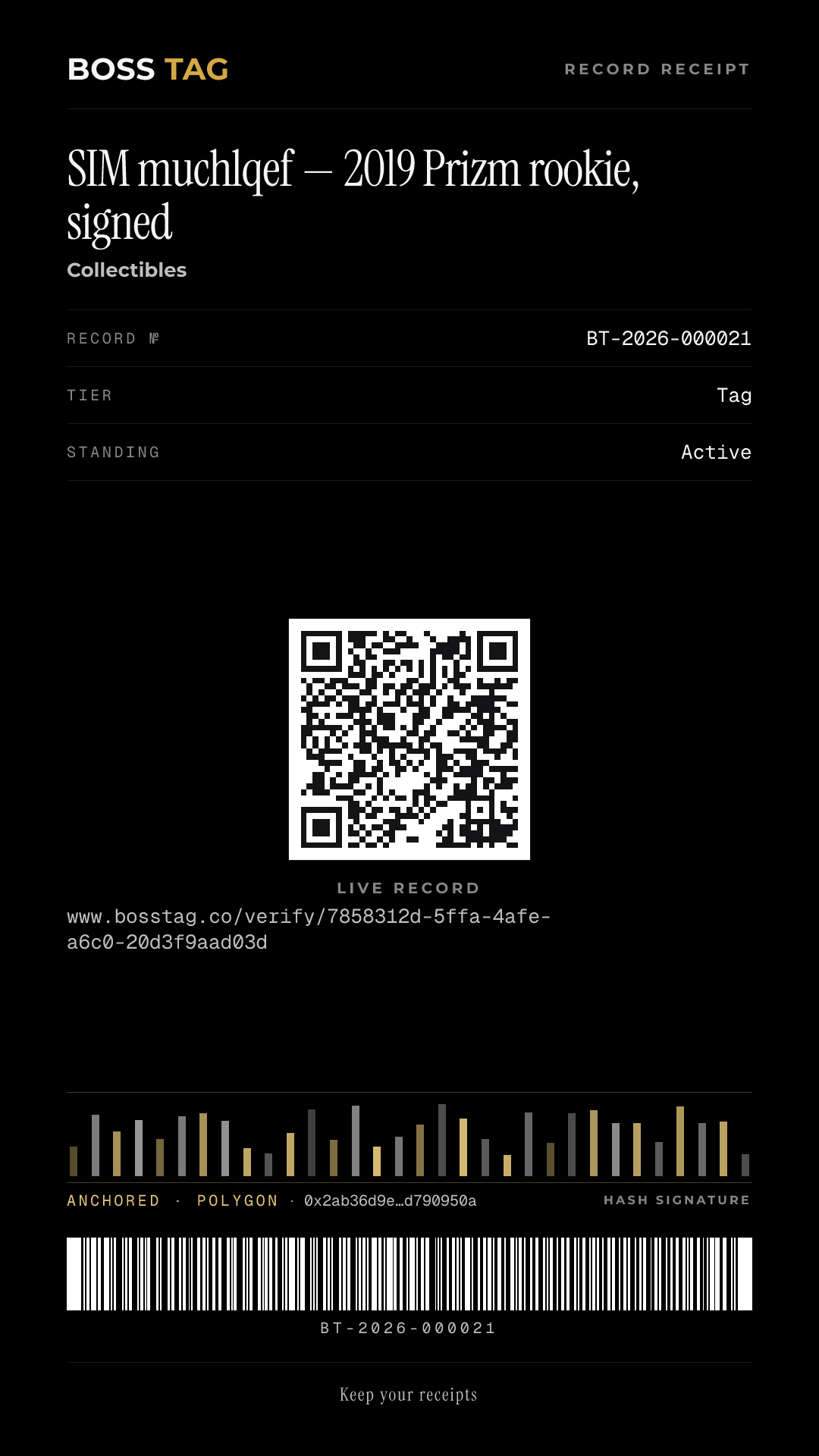 Shareable receipt for SIM muchlqef — 2019 Prizm rookie, signed