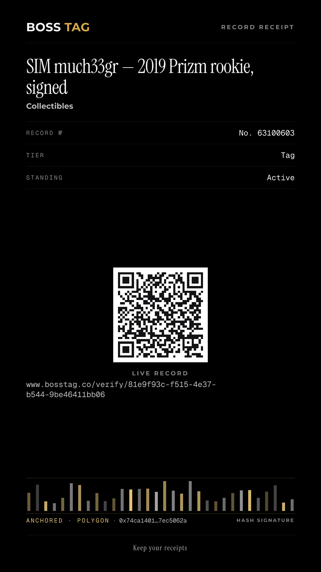 Shareable receipt for SIM much33gr — 2019 Prizm rookie, signed